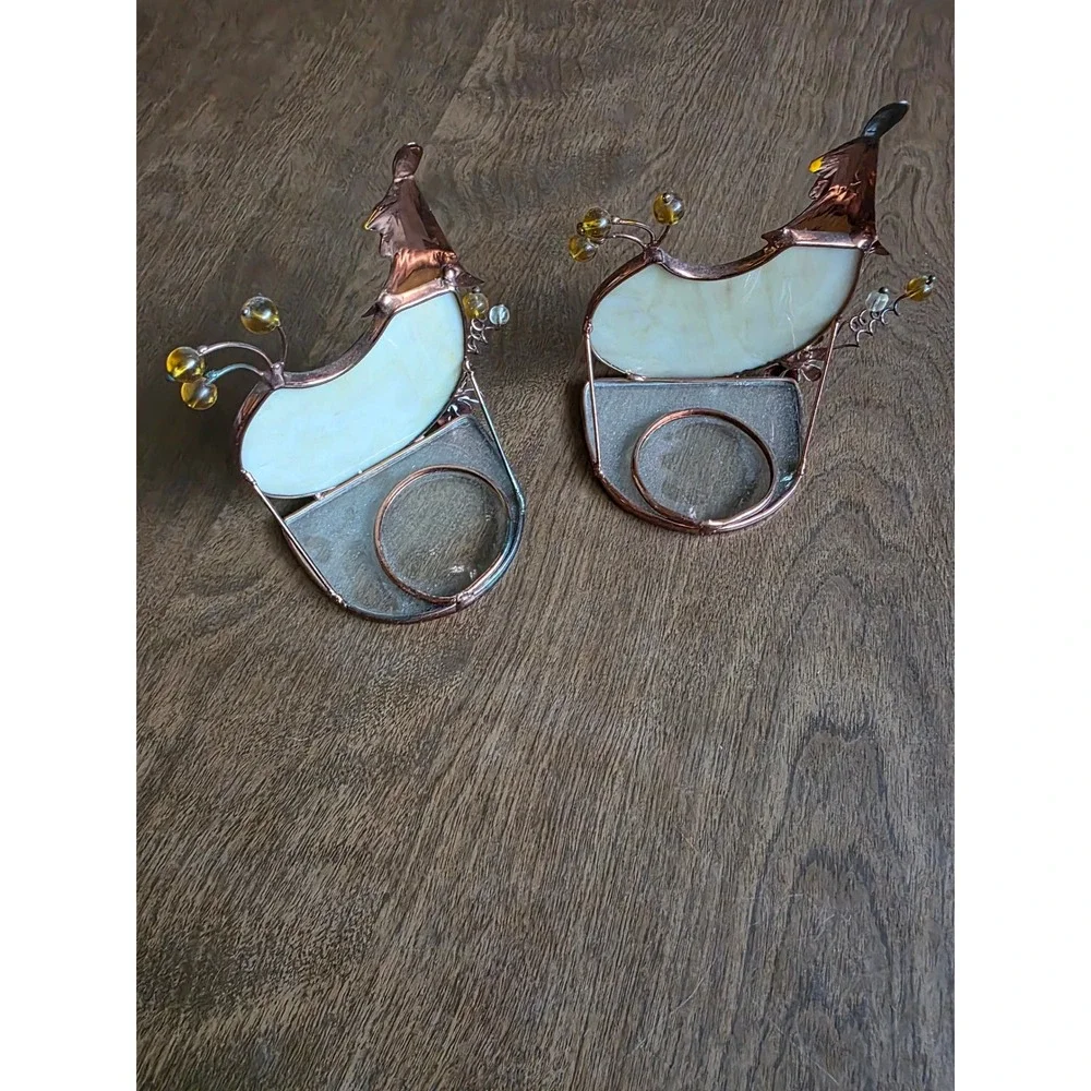 Vintage Stained Glass Chicken Tea Light Candle Holders Set of 2 Farmhouse Decor
